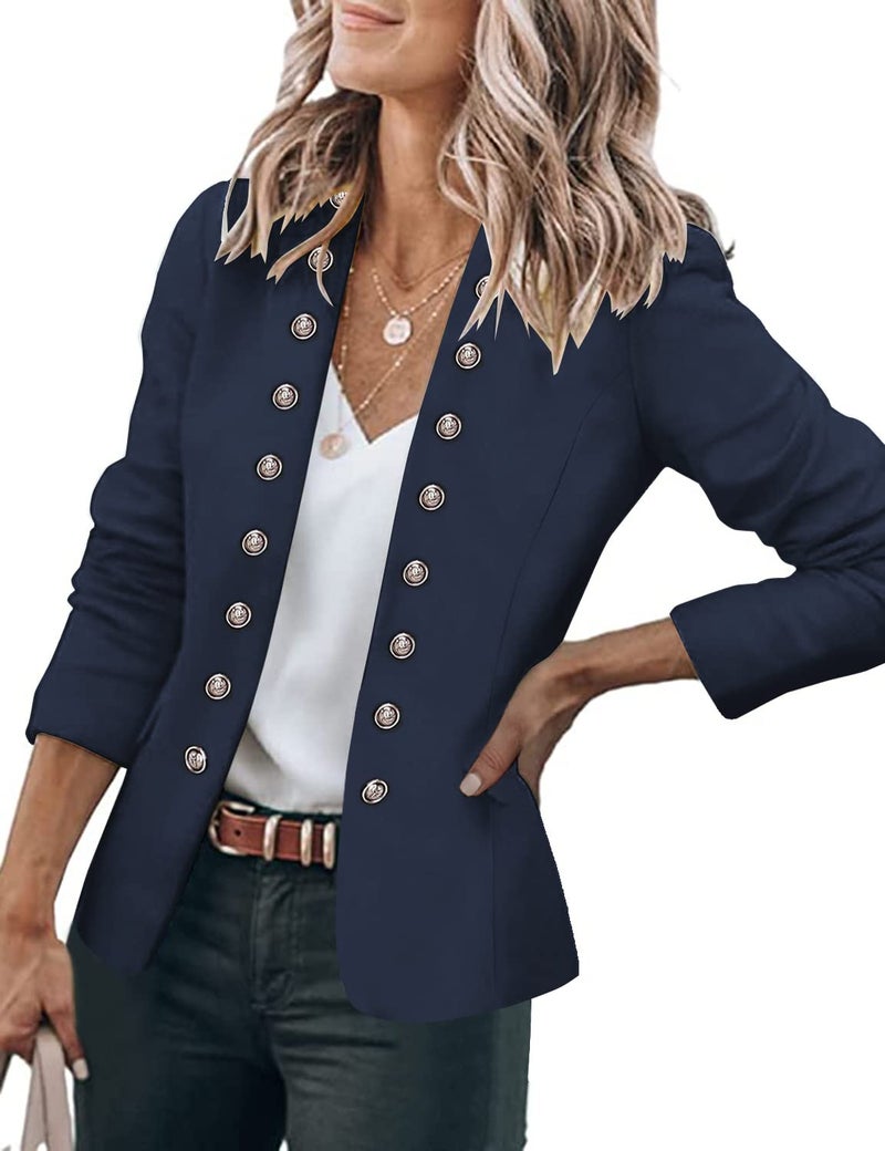 GRAPENT Women's Business Casual Buttons Pockets Open Front Blazer Suit Cardigan Outerwear Navy Blue Medium (Fits US 8-US 10) - Image 1